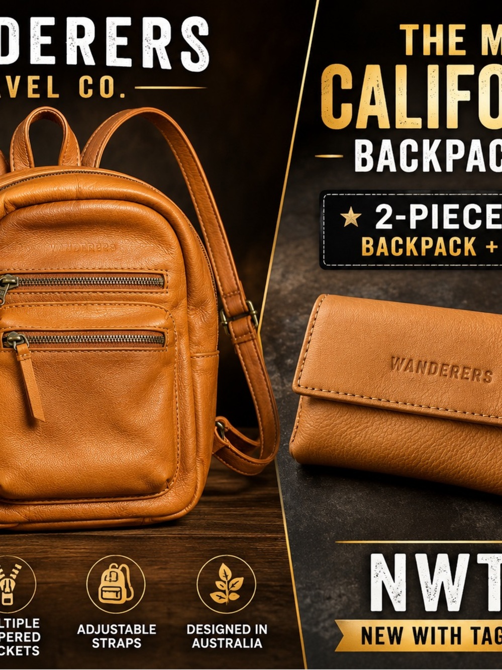 Wander Tan Leather Backpack and Wallet Set